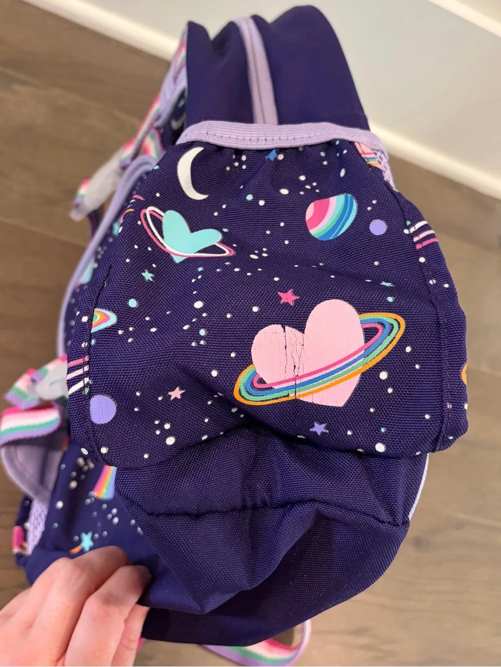 “Emily” SMALL PBK backpack, 15”, purple rainbow heart galaxy. USED